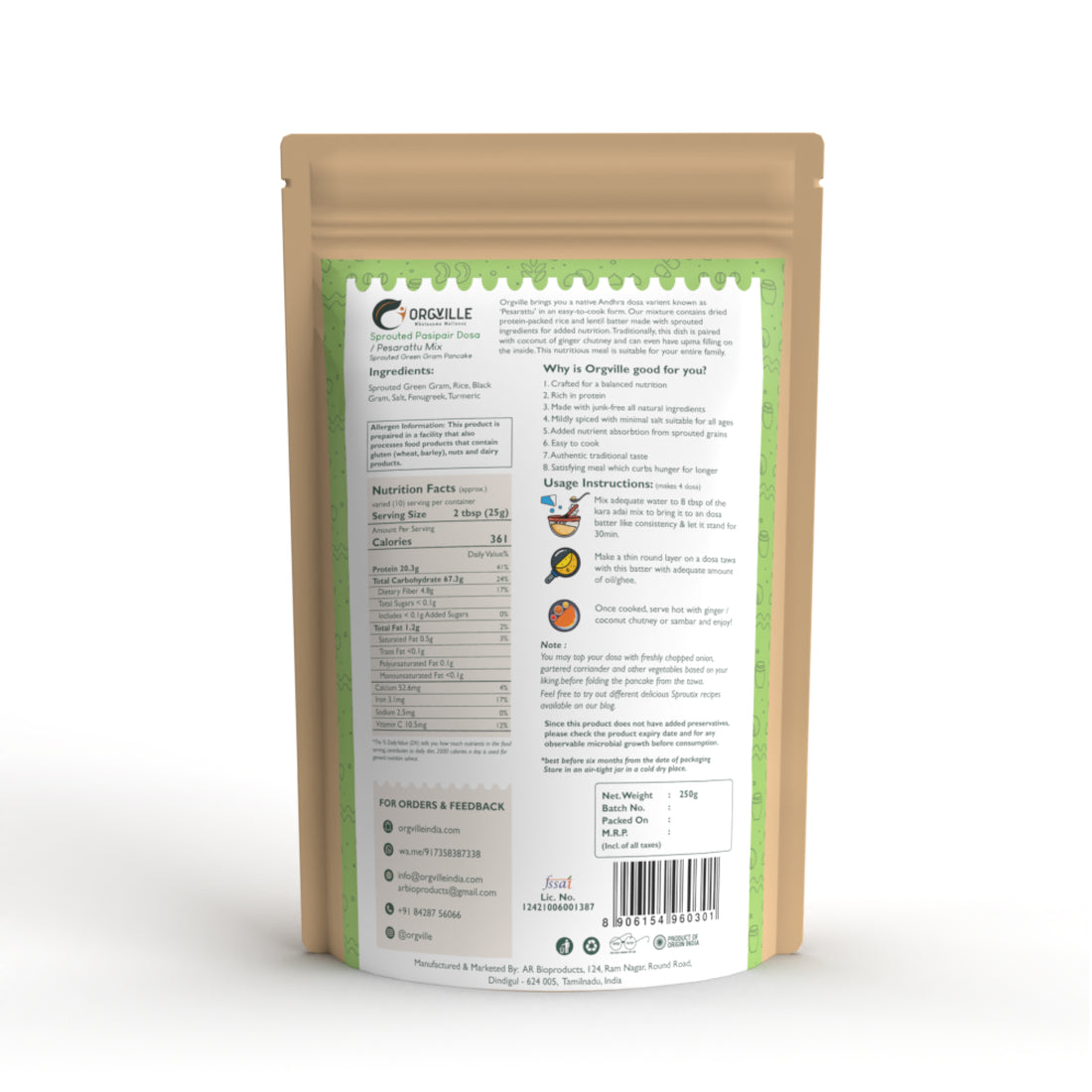Orgville -  Sprouted Pasipair Dosa Mix / Pesarattu Ready Mix (Green Gram) (250g)