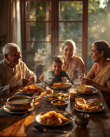 Multigenerational Indian family sharing a wholesome traditional South Indian breakfast