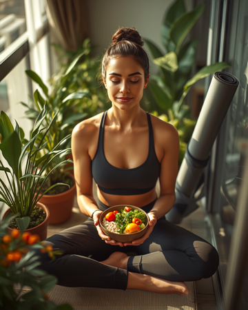 Indian woman enjoying a healthy millet porridge bowl after morning yoga
