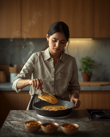 Young Indian professional making a crispy dosa in a modern apartment kitchen