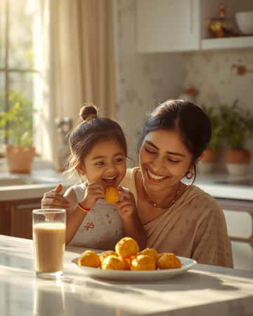 Indian mother and child enjoying healthy millet laddus in a bright modern kitchen