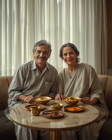 Indian couple enjoying savoury millet porridge and green gram dosa at a calm breakfast nook