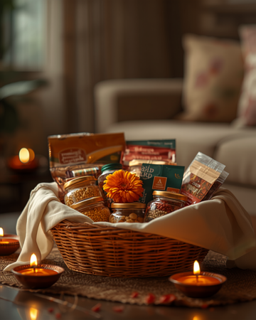 Festive Indian gift hamper with laddu jars and healthy grains, diya lamps glowing behind