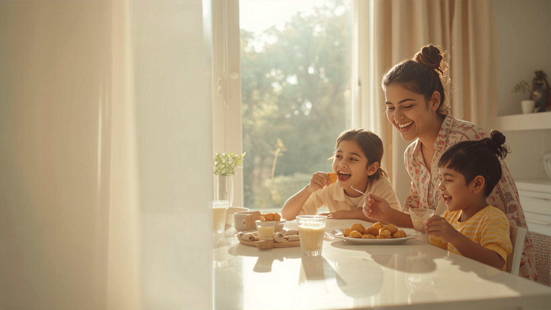 Happy Indian family snacking on healthy millet laddus at a bright dining table1659522562509a09c0-2
