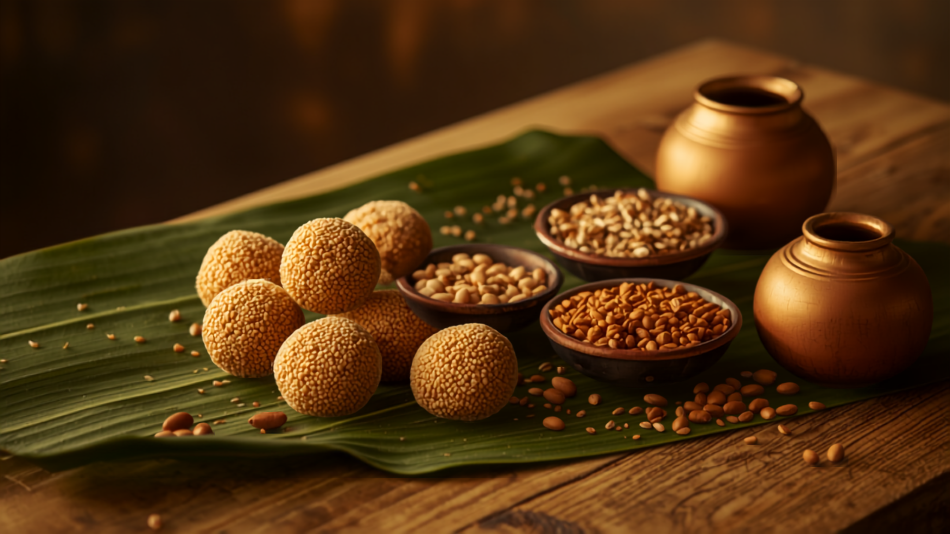 Traditional South Indian superfoods spread with millet laddus, sprouted grains and native millets in brass bowls1659522562509a09c0-0